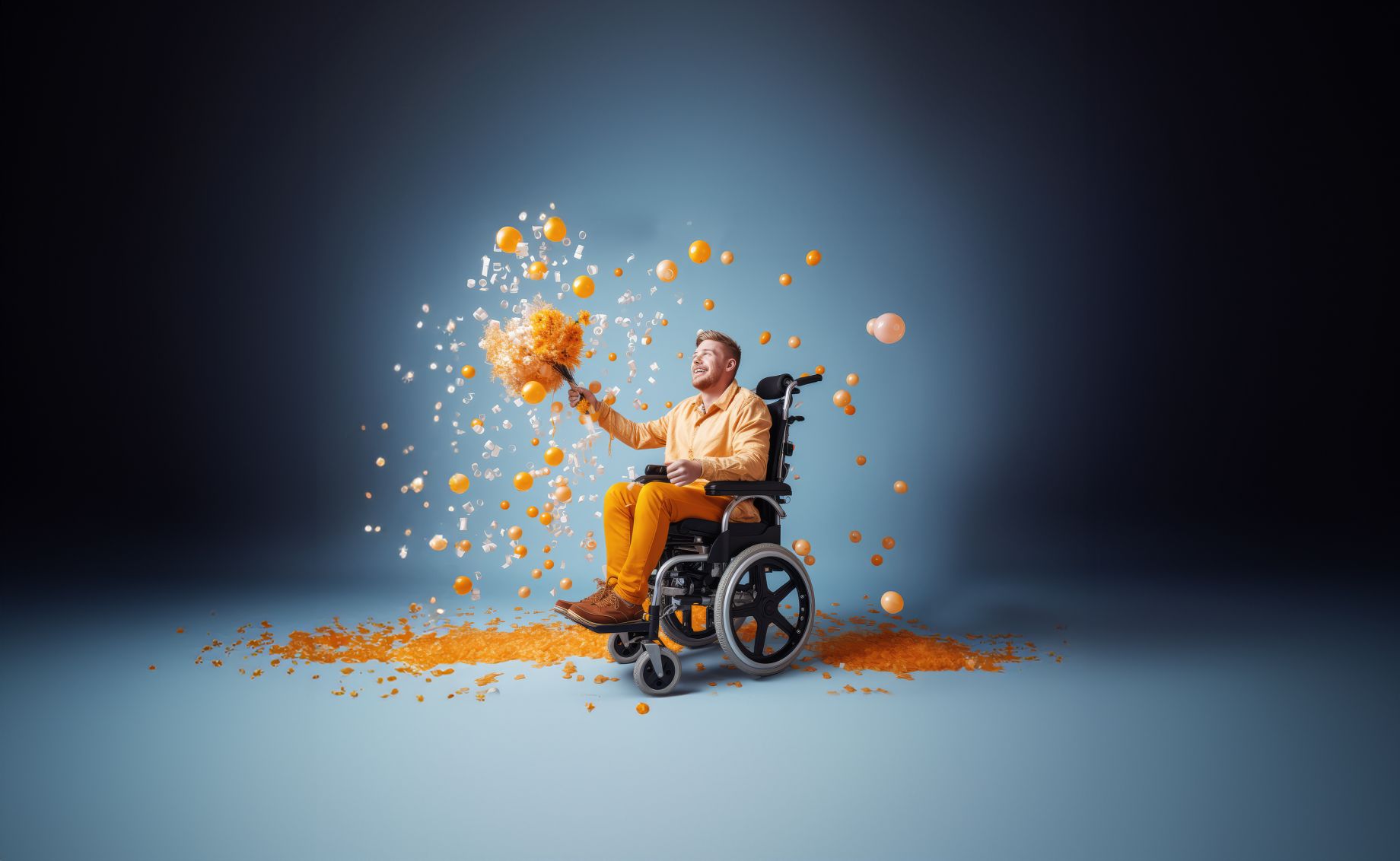 Mann in Rollstuhl mit Luftballons