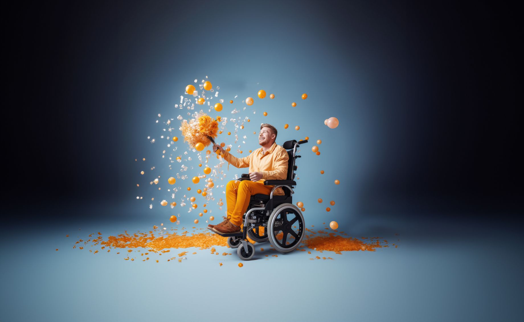 Mann in Rollstuhl mit Luftballons